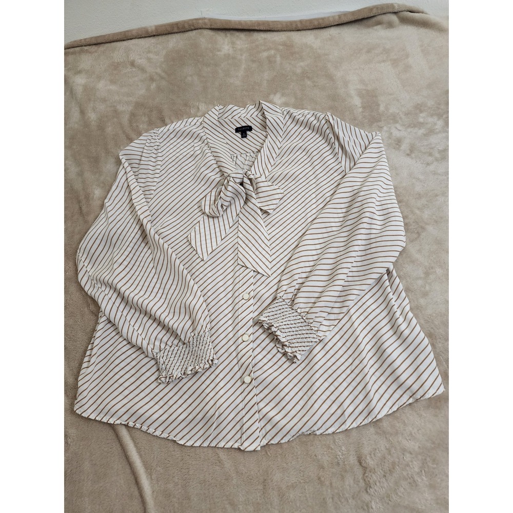 Talbots XL White Tan Striped Bow Neck Blouse Smocked Cuff Viscose VN5457